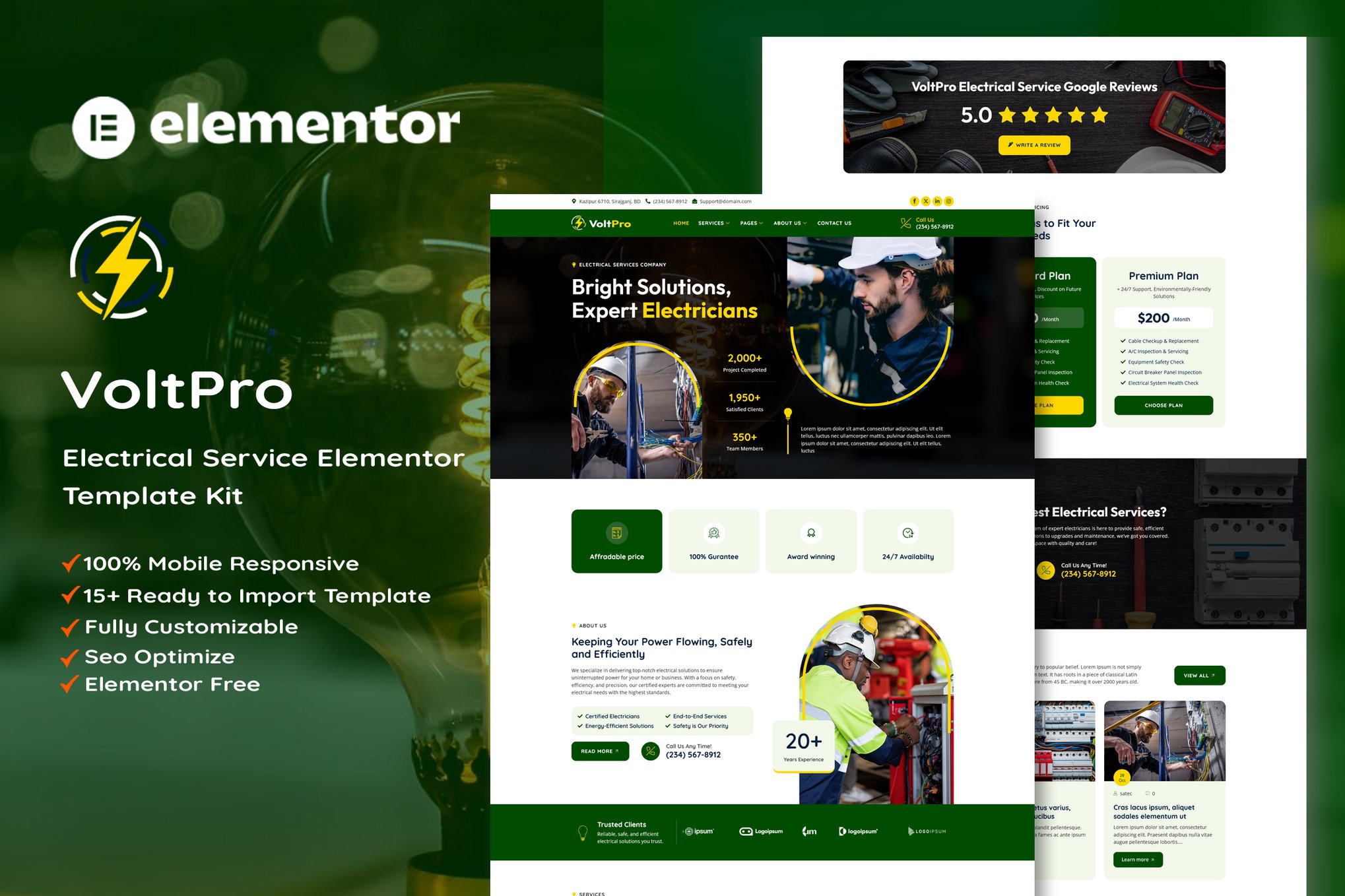 Voltpro - Electrical Services Elementor Template — Elementor template kit cover