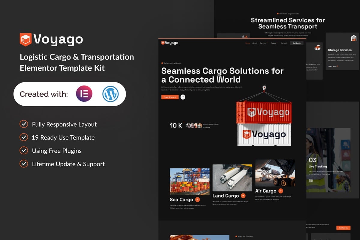 Voyago - Logistic Cargo & Transportation Elementor Template — Elementor template kit cover