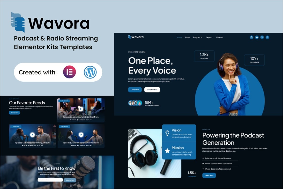 Wavora - Podcast & Radio Streaming Elementor Template — Elementor template kit cover