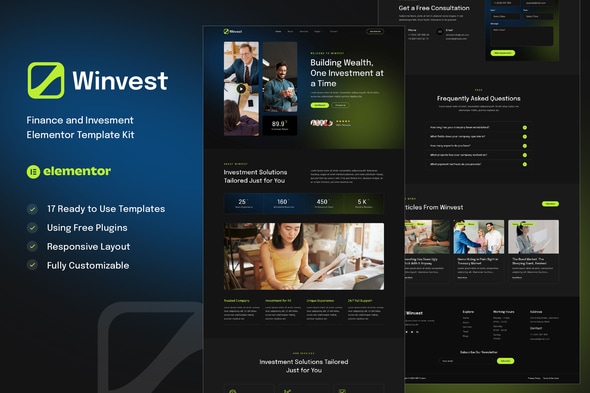 Winvest - Finance & Investment Elementor Template — Elementor template kit cover