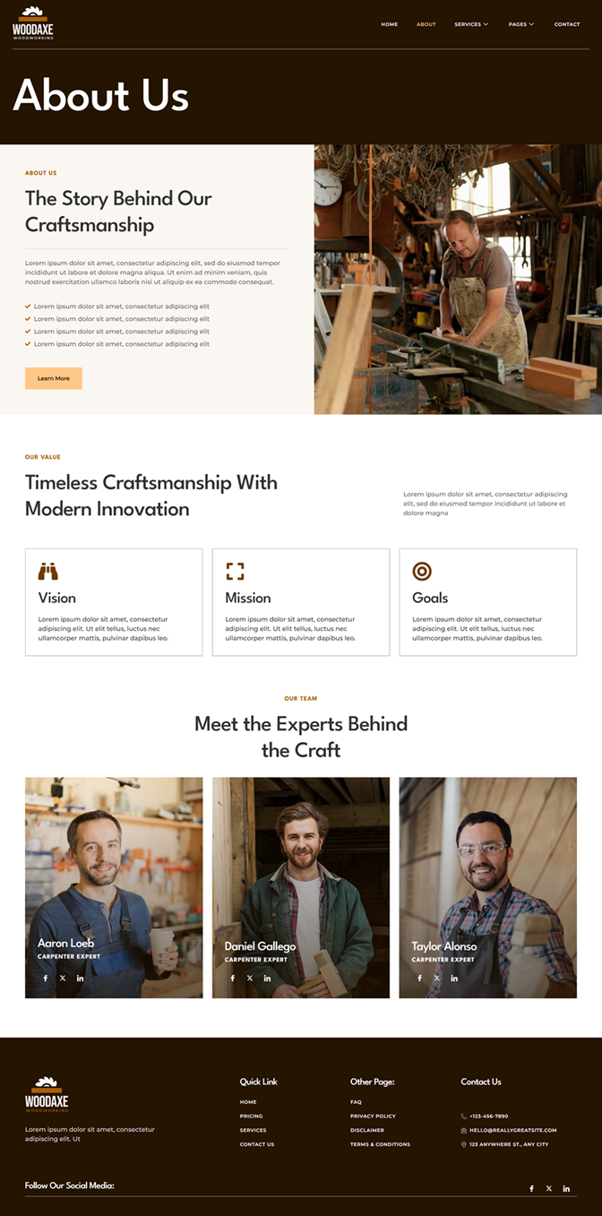 About Us — Woodaxe - Carpenter & Craftman Elementor Template