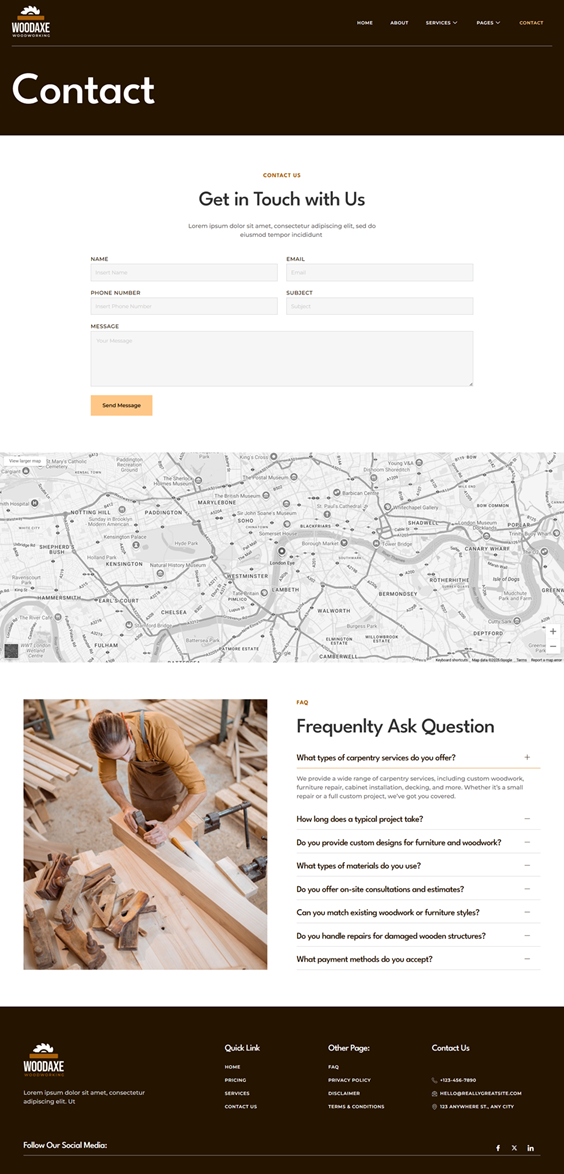 Contact — Woodaxe - Carpenter & Craftman Elementor Template