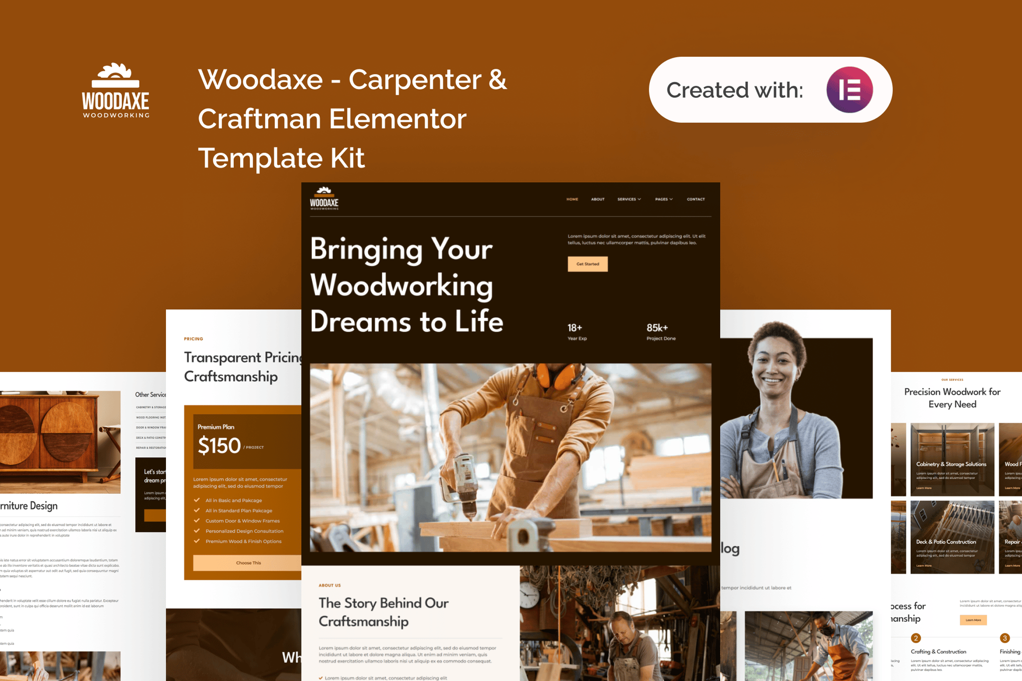 Woodaxe - Carpenter & Craftman Elementor Template — Elementor template kit cover