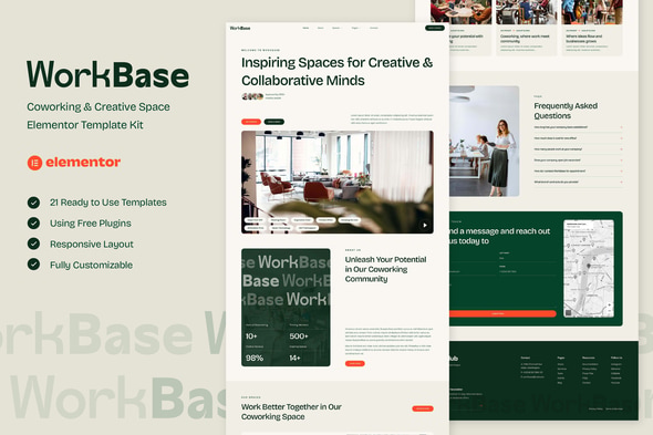 WorkBase - Coworking & Creative Space Elementor Template — Elementor template kit cover