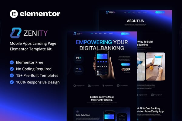 Zenity – Mobile App Landing Page Elementor Template — Elementor template kit cover